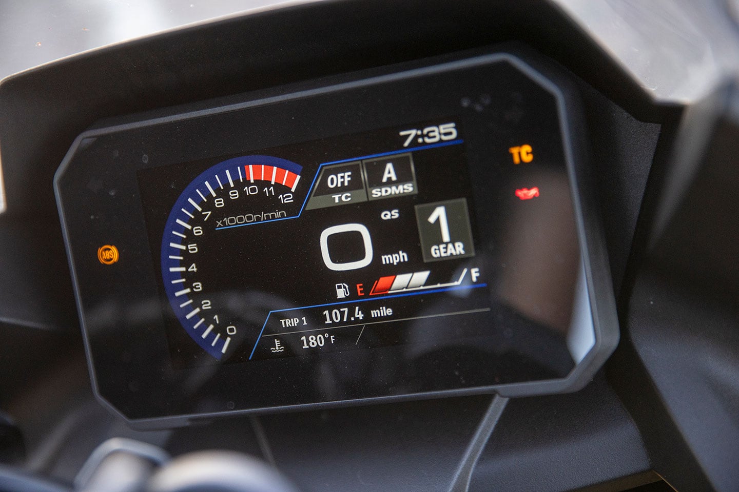 Suzuki’s 5-inch TFT is by far the best of our group, with easy legibility, navigation of menus, and good layout.