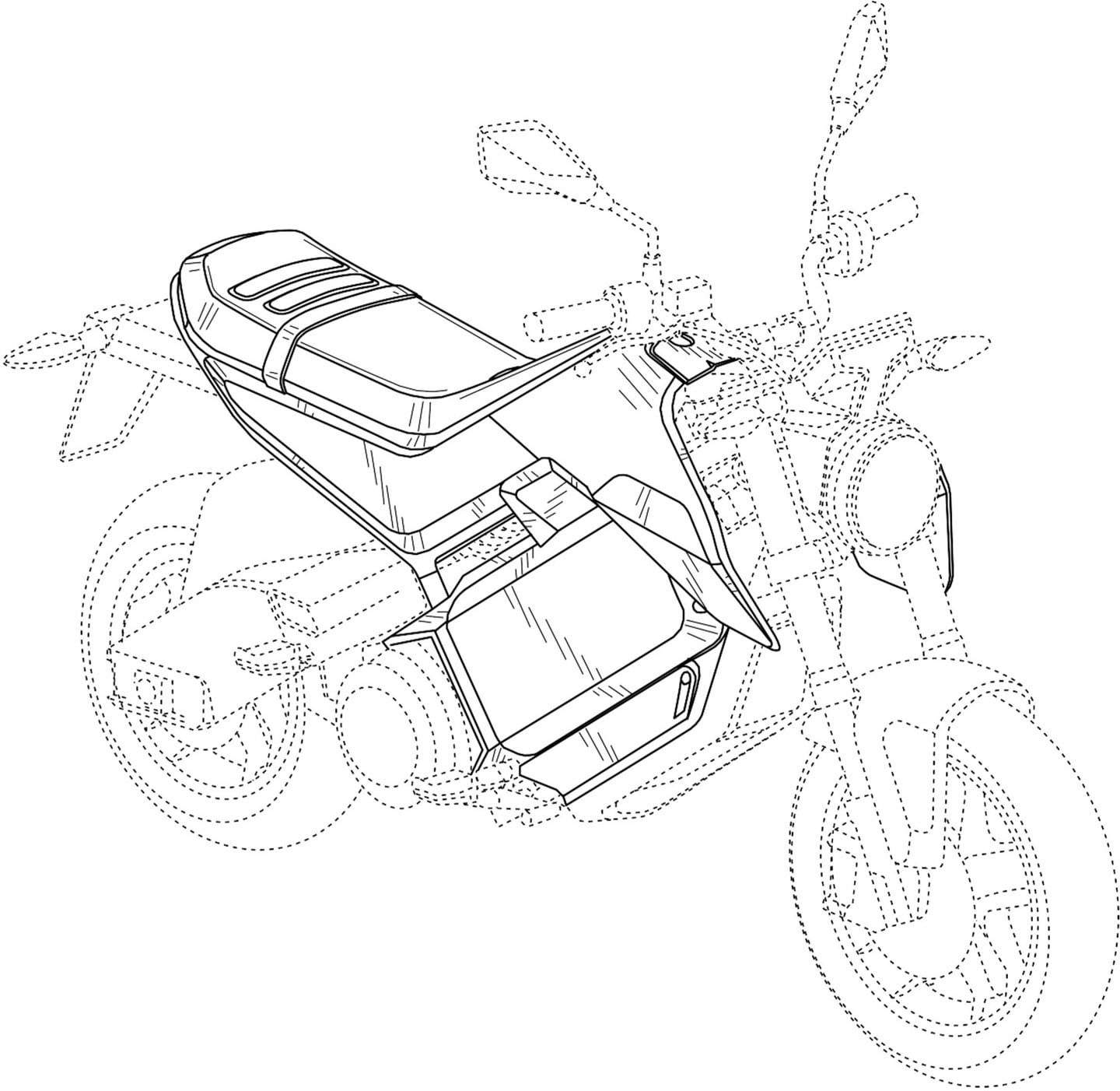 The motorcycle in these patent drawings is clearly a smaller machine like the Honda Grom.