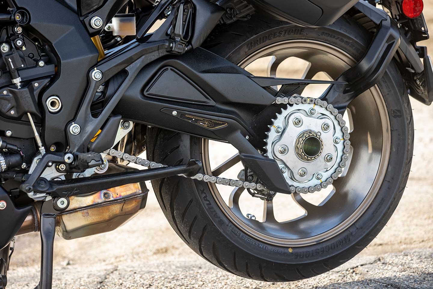 The business end of the Turismo Veloce’s single-sided swingarm.