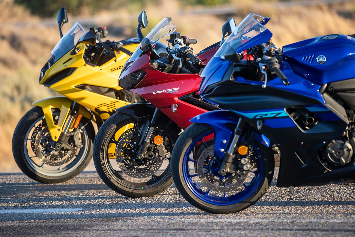 Our class of 2024 Middleweight Sportbike Comparison includes the Suzuki GSX-8R, Triumph Daytona 660, and Yamaha YZF-R7.