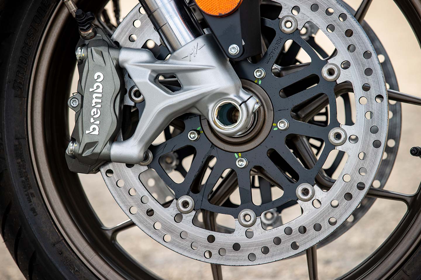 Brembo calipers and 320mm discs provide plenty of stopping power for a sporty ride.