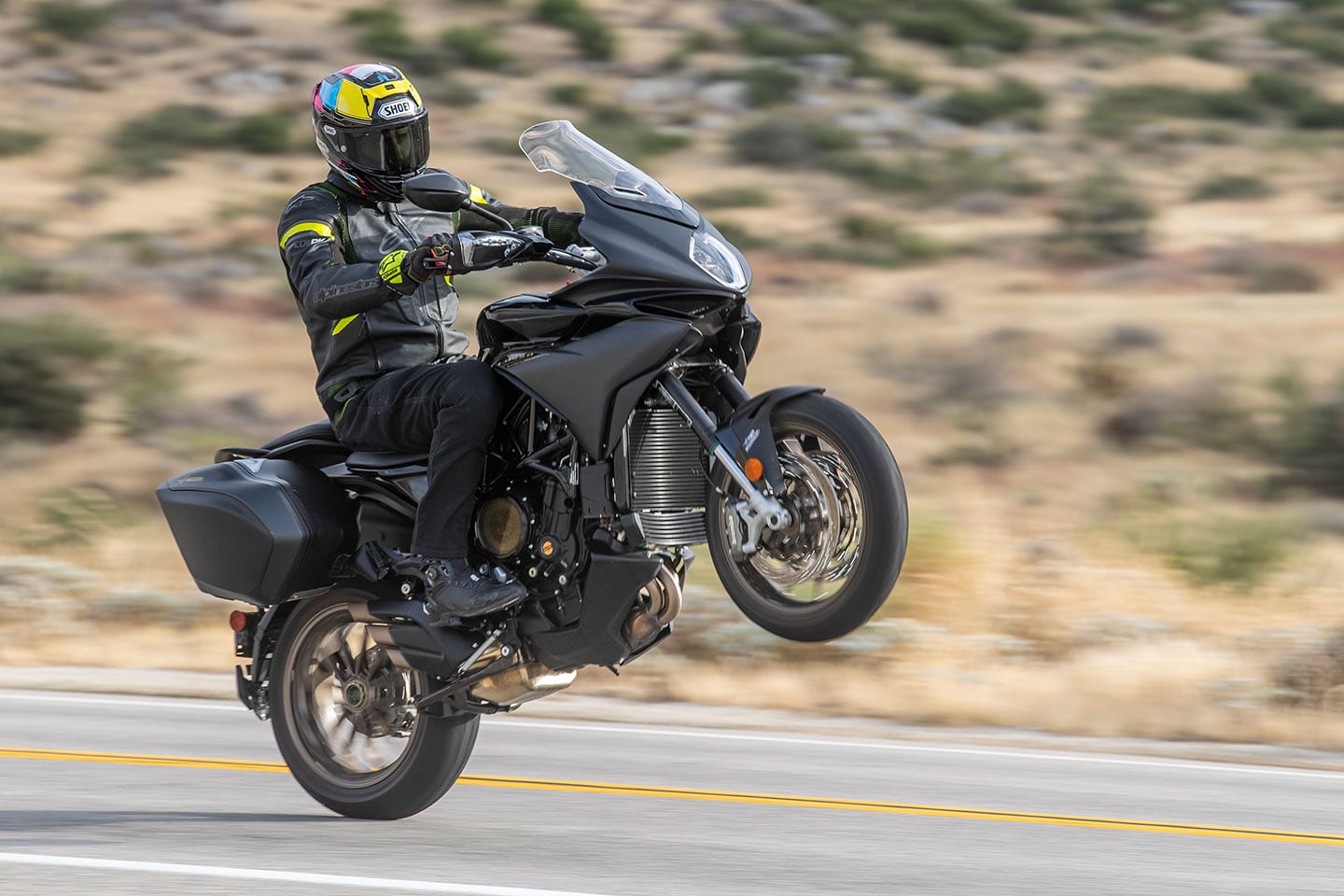MV’s 798cc triple is a gem and lots of fun. Wheelies don’t come natural with the bike’s Smart Clutch System, but the front still picks up with ease when rider aids are turned off.