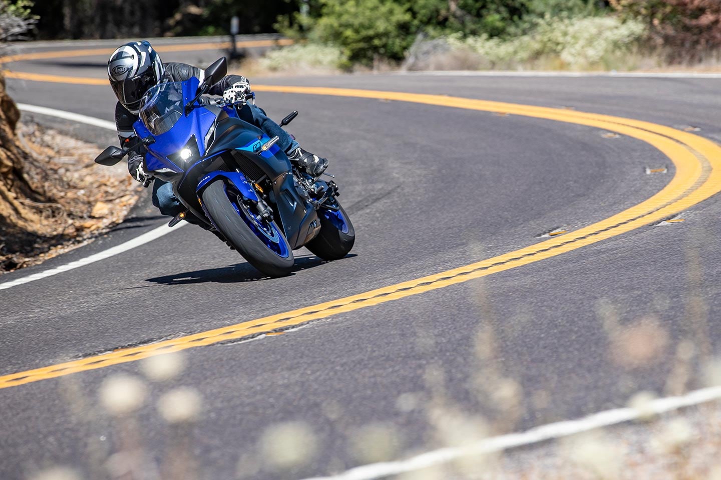 Yamaha’s R7 is light and agile and feels more like a hardcore sportbike than the other bikes here.