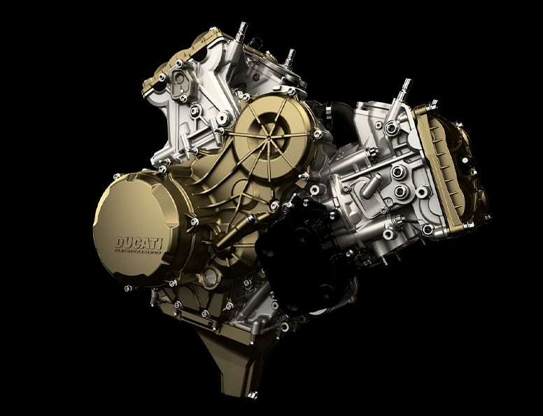 Ducati’s Superquadro engine displaces 955cc in the V2.
