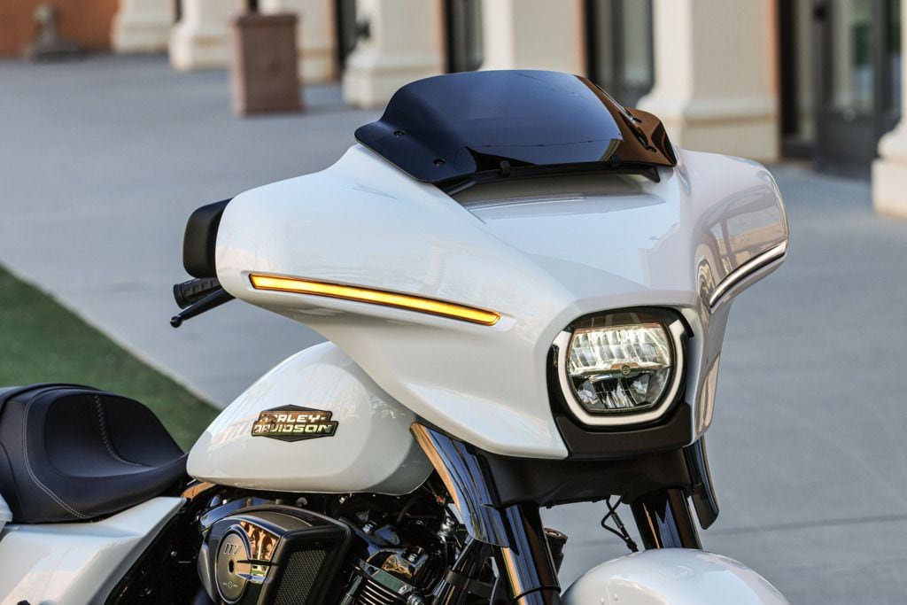 The updated Street Glide batwing fairing now has turn signals that are integrated into the running lights, and replace the bullet indicators.