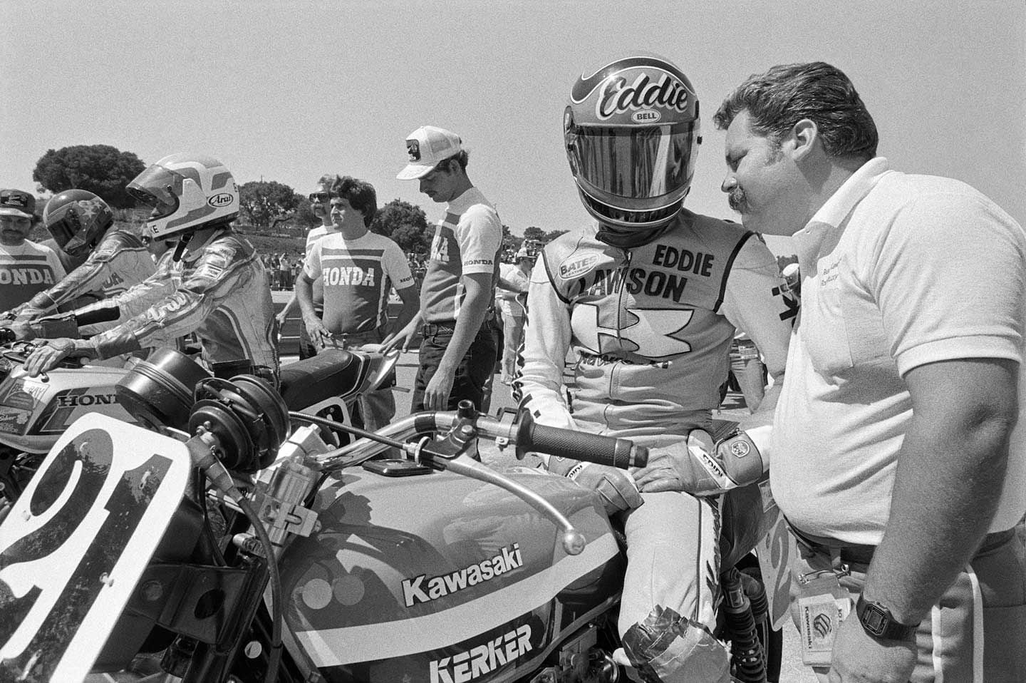 Owens’ action photography is excellent but he made a point to get moments in time like this with team boss Rob Muzzy talking to Eddie Lawson on his Kawasaki superbike. Photo reproduction in <i>Superbike</i> is excellent.
