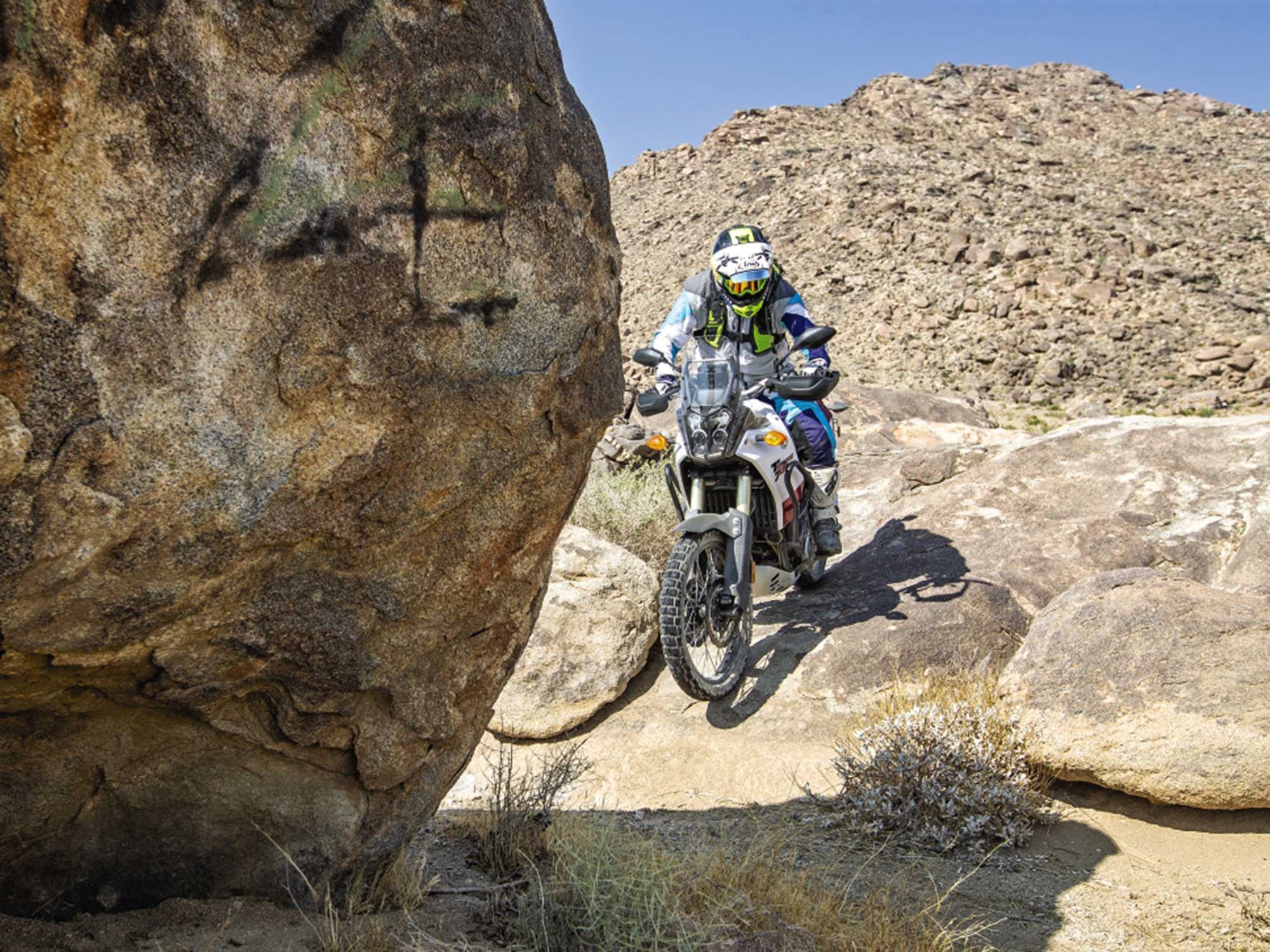 Dirt-bike-like ergonomics on the Yamaha Ténéré 700 give more control in technical off-road situations.