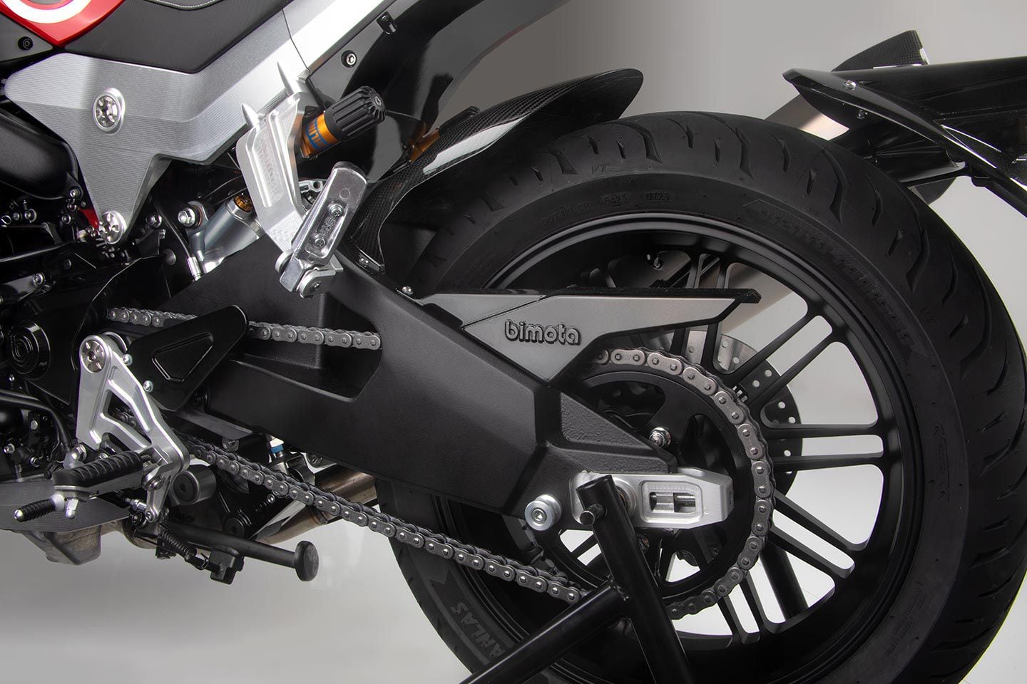 Close-up of the forged magnesium wheels and rear suspension.
