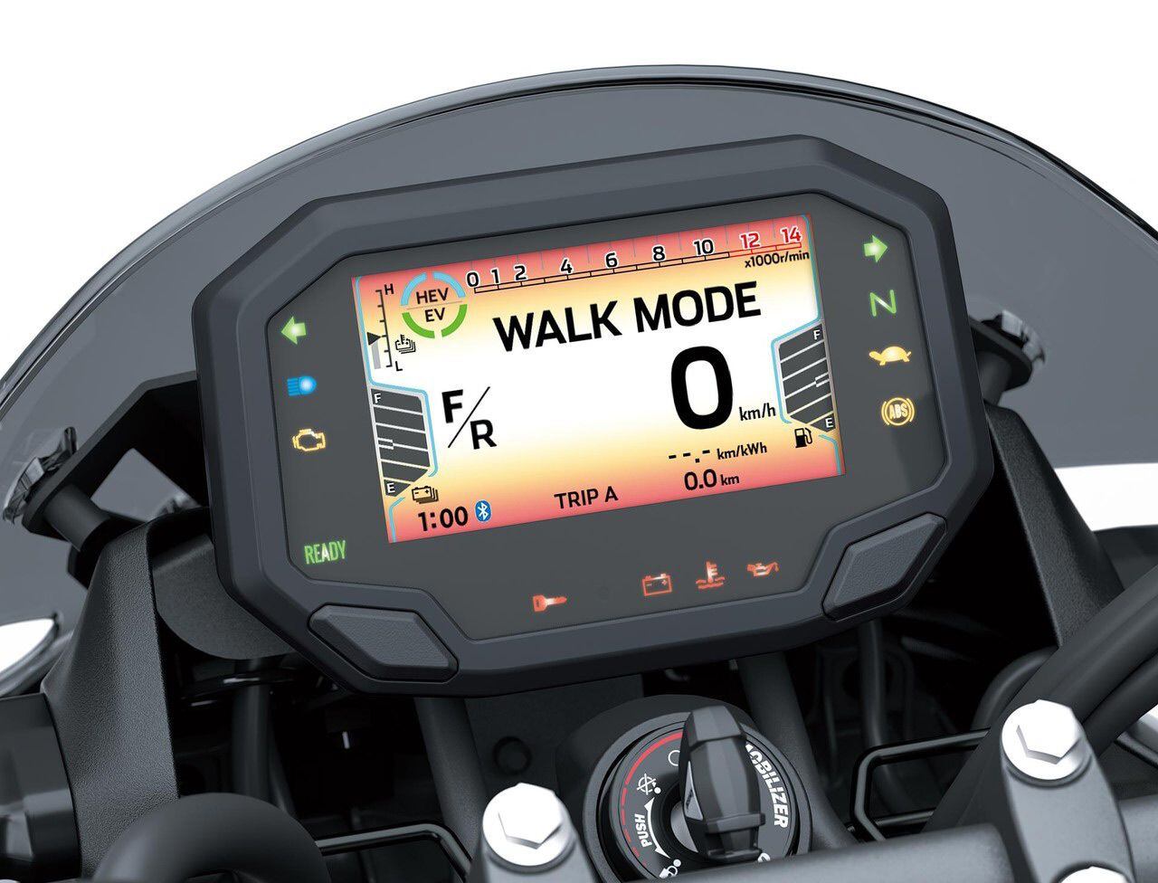 The Z7 features a Walk mode that allows the bike to creep at low speed for easy maneuvering in a parking lot.