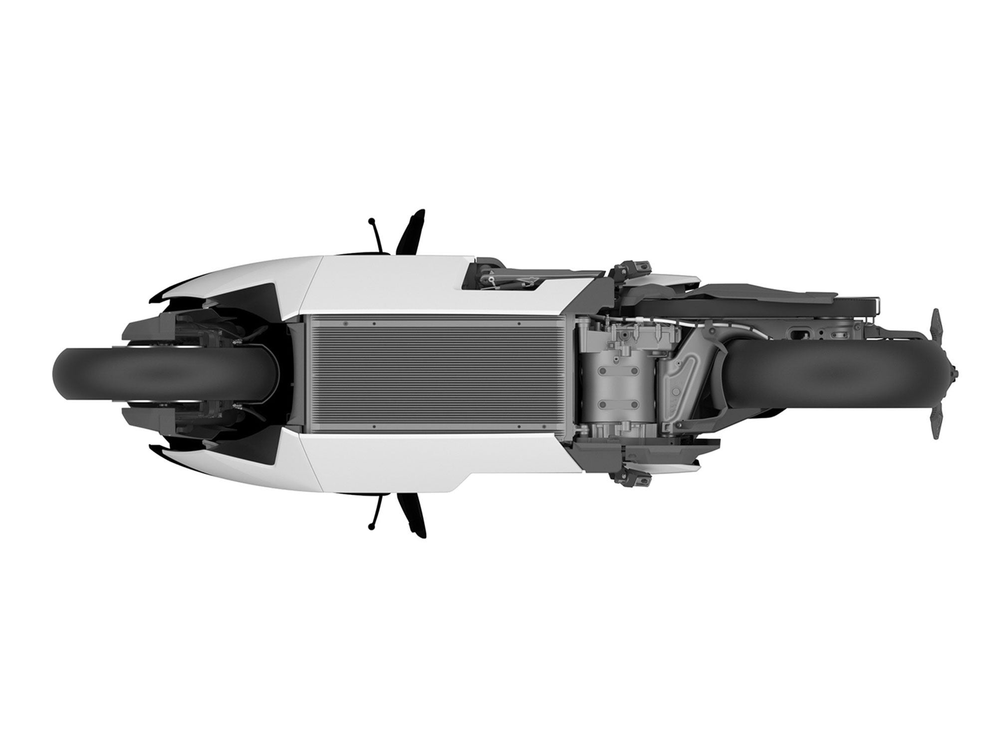 The view from below shows the electric motor just behind the battery and mounted onto the steel chassis rather than the swingarm.