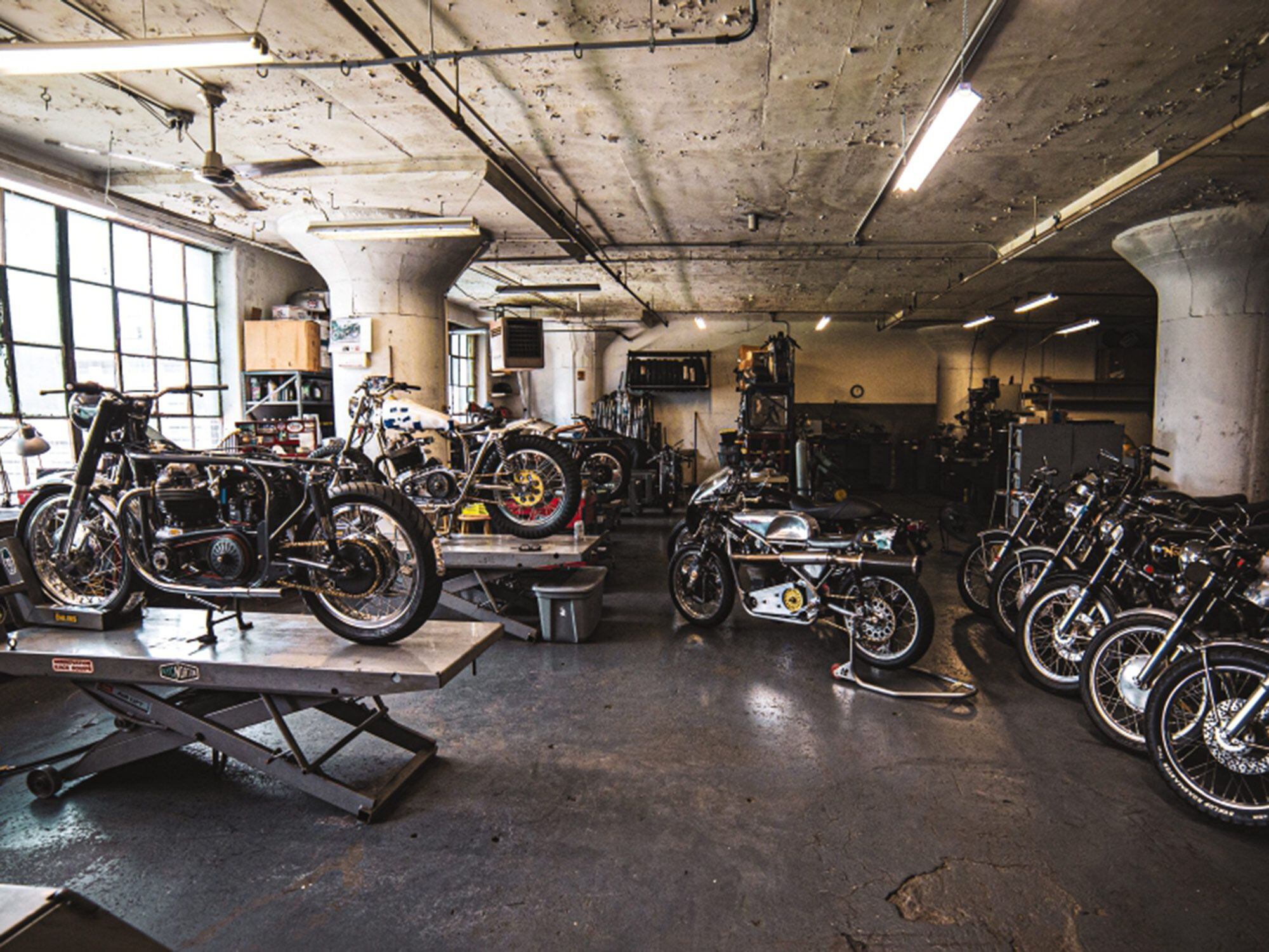 NYC Norton is housed in a 4,200-square-foot loft in Jersey City. Cummings’ shop was originally part of Spannerland, a cooperative he and several moto nuts set up 14 years ago. Next door, Cosentino Engineering builds several components for Cummings, including a Showa cartridge upgrade kit for Roadholder forks.